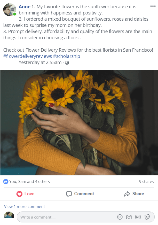 Flower Delivery Reviews Scholarship | Sample Facebook post