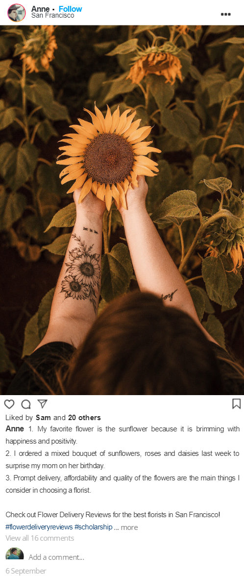 Flower Delivery Reviews Scholarship | Sample Instagram post